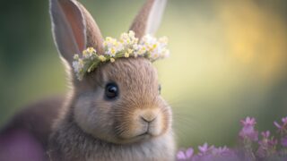 花の冠があるウサギ