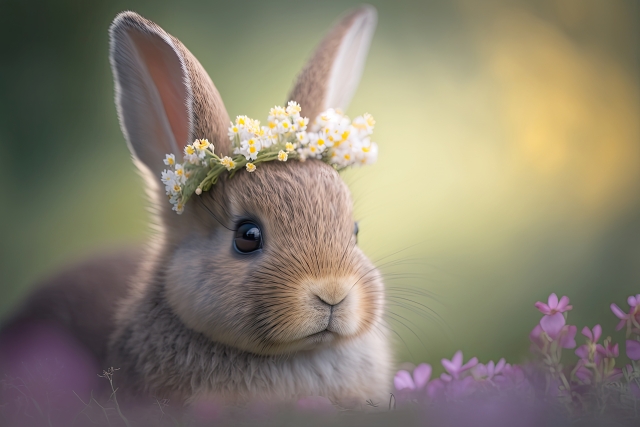 花の冠があるウサギ